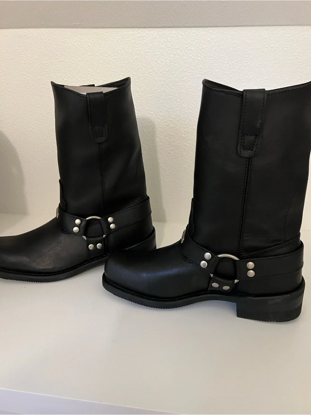 Men's Black Leather Harness Boots with Silver Hardware